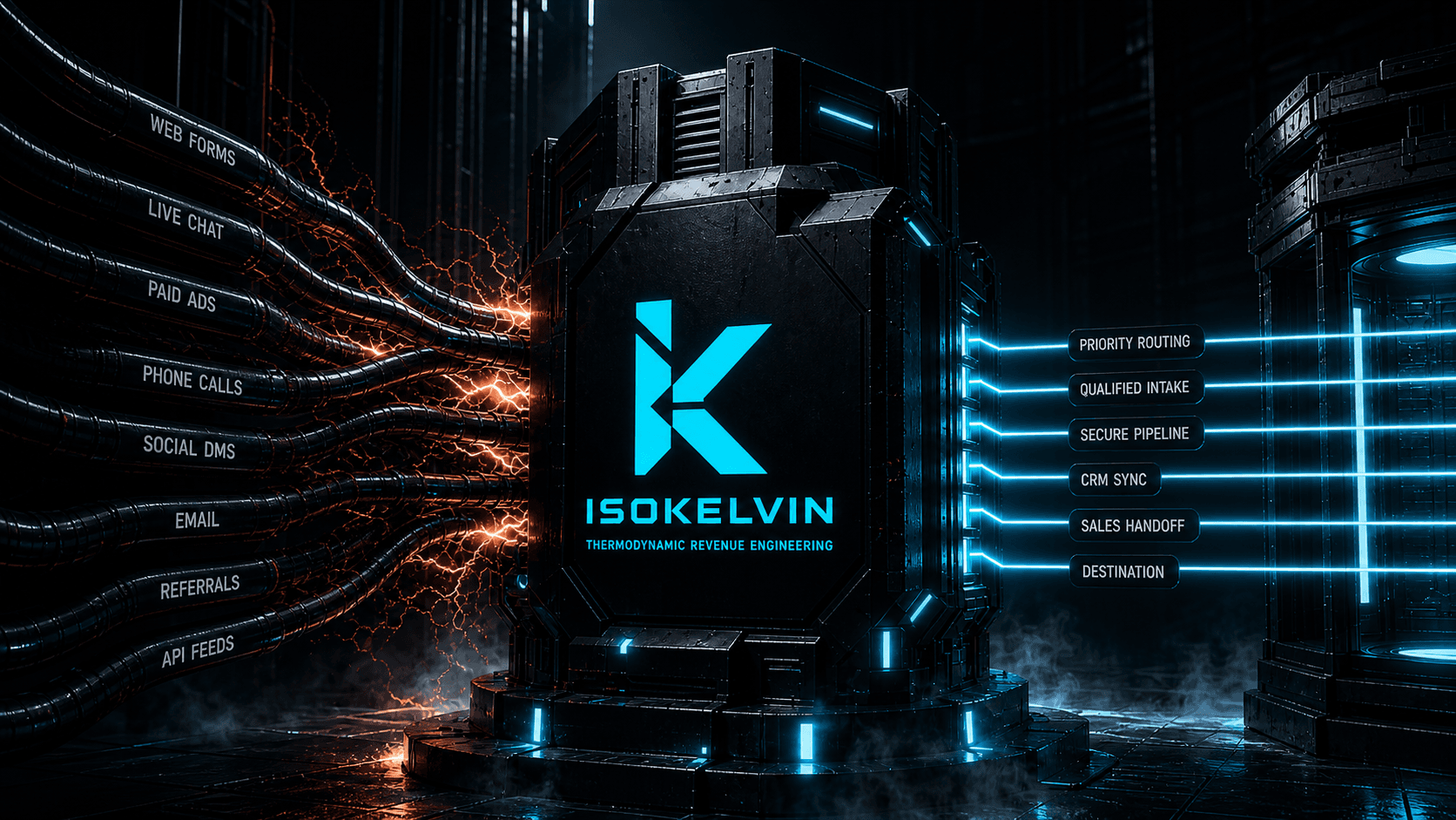 IsoKelvin lead intake routing core showing inbound channels organized into follow-up paths